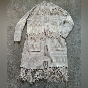 Willow & Clay Cream White Long Boho Cardigan Fringe Jacket